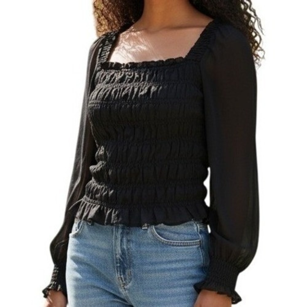 EXPRESS Black Long Sleeve Square Neck Smocked Blouse Top EUC Size Small